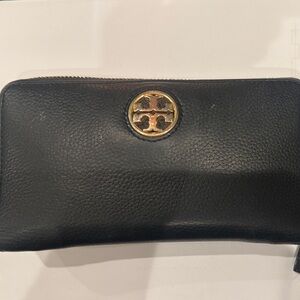 Tory Burch Black Leather Zip Wallet with Gold Logo Medallion